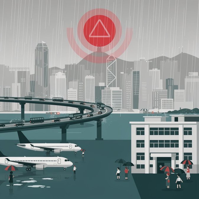 Une pluie torrentielle rouge provoque des retards de vols et des alertes aux transports à travers Hong Kong