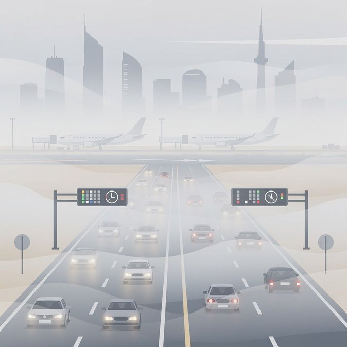 الضباب يطلق تحذيرات جوية باللونين الأحمر والأصفر في الإمارات، وتحذير للسائقين والمسافرين الجويين