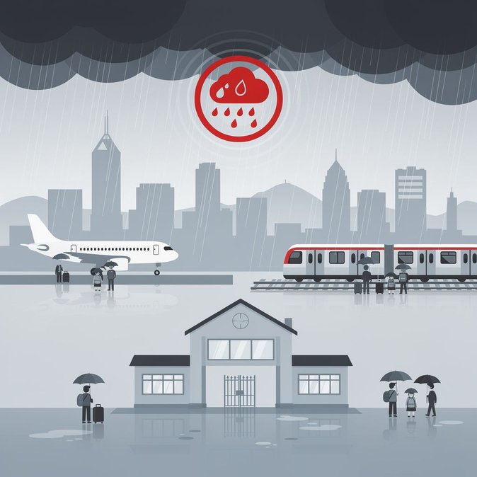Pluie torrentielle rouge s’abat sur Hong Kong, provoquant des alertes de transport et des retards de vols possibles