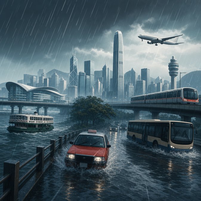 Rare red-rainstorm warning floods Hong Kong and disrupts flights, ferries and road links