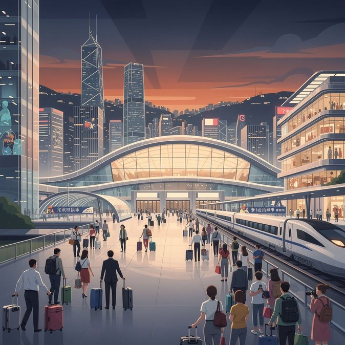 Afflusso di viaggiatori alla stazione di Hong Kong West Kowloon mentre i visitatori dalla Cina continentale arrivano in massa per la Settimana d'Oro